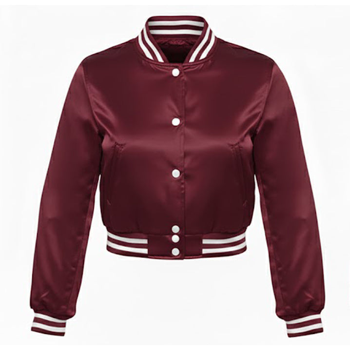 Maroon varsity jacket with white buttons and trim on a white background