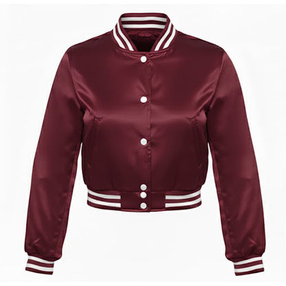 Maroon varsity jacket with white buttons and trim on a white background