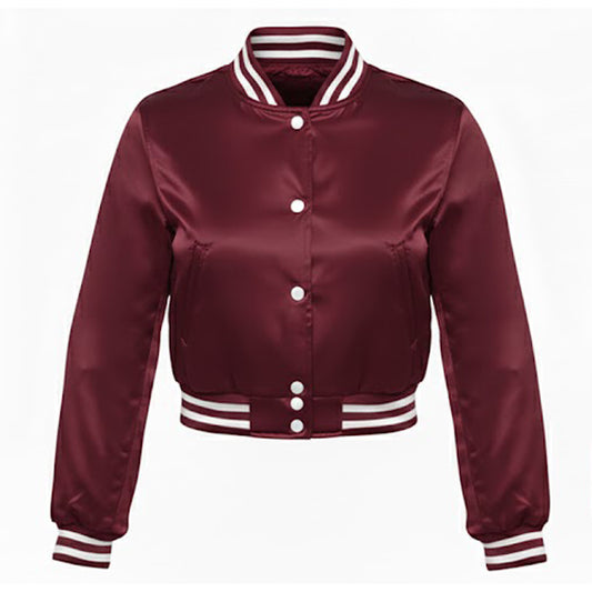 Maroon varsity jacket with white buttons and trim on a white background