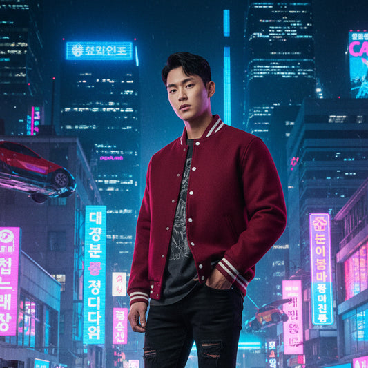 Person wearing a red jacket in a futuristic cityscape with neon lights