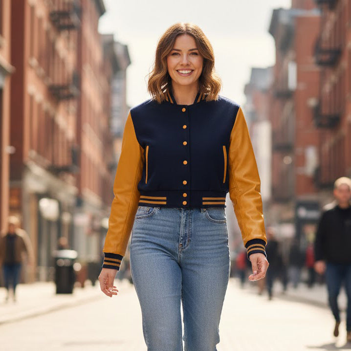 Stylish Vintage Women’s Varsity Letterman Baseball Jacket Navy Wool & Gold Leather Sleeve