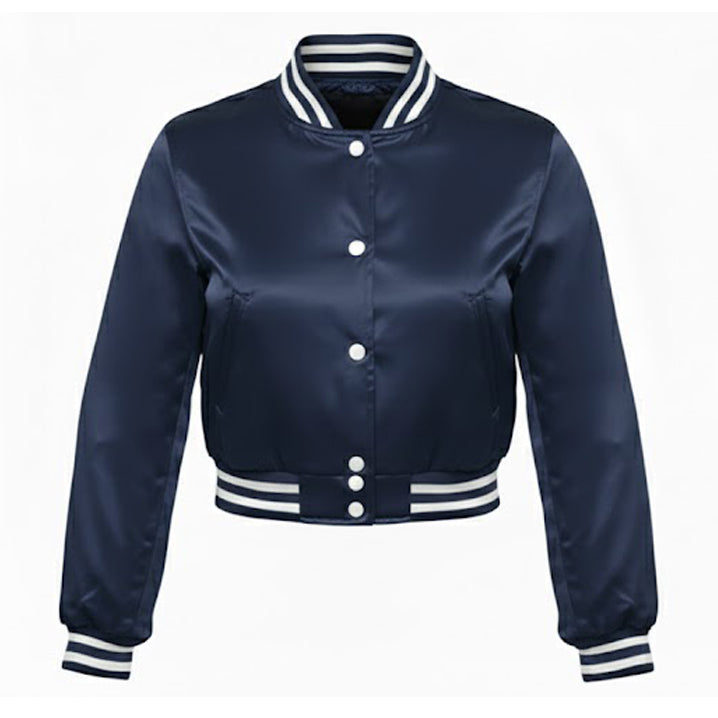 Stylish Vintage Women’s Varsity Letterman Baseball Satin Navy Croptop Jacket