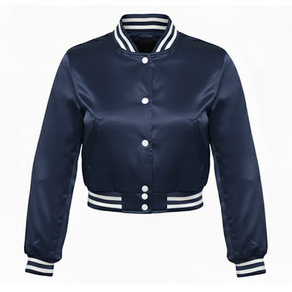 Stylish Vintage Women’s Varsity Letterman Baseball Satin Navy Croptop Jacket