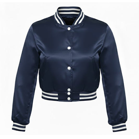 Stylish Vintage Women’s Varsity Letterman Baseball Satin Navy Croptop Jacket