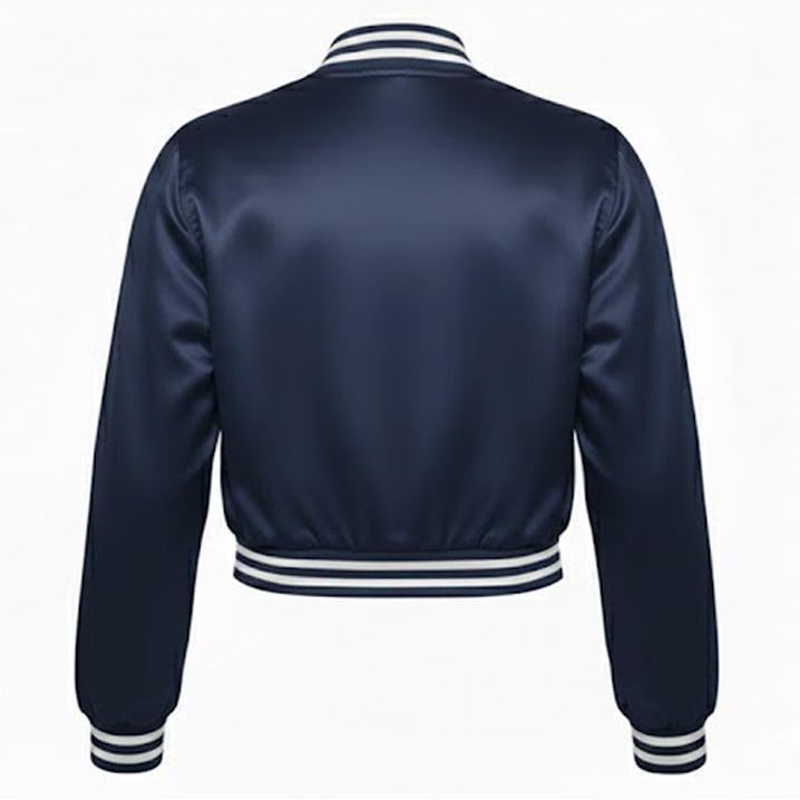 Navy blue bomber jacket with white trim on a white background
