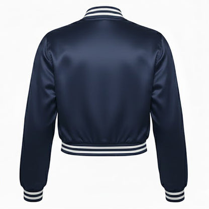 Navy blue bomber jacket with white trim on a white background