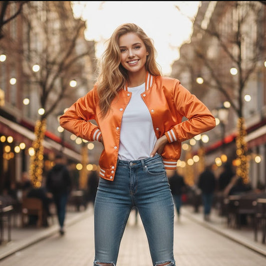 Stylish Vintage Women’s Varsity Letterman Baseball Satin Orange Croptop Jacket