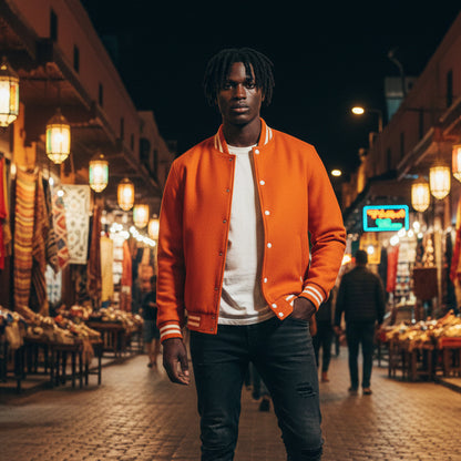Man in an orange jacket standing in a lively street market at night.