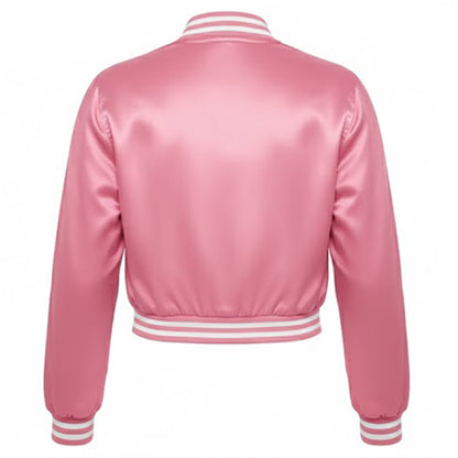 Stylish Vintage Women’s Varsity Letterman Baseball Satin Jacket Pink