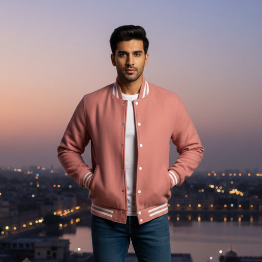Man wearing a pink jacket with a cityscape in the background