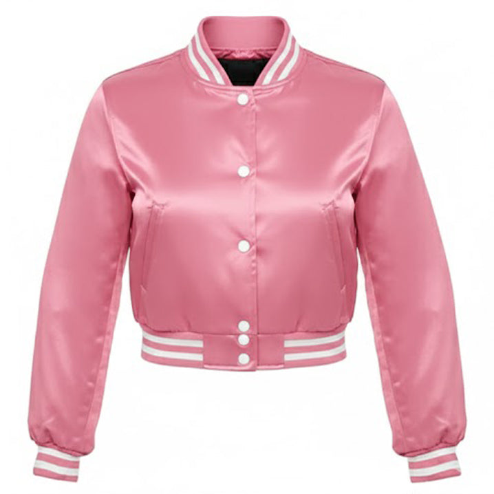 Vintage Women’s Varsity Letterman Baseball Satin Pink Croptop Jacket