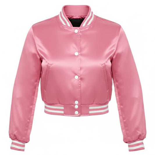 Vintage Women’s Varsity Letterman Baseball Satin Pink Croptop Jacket