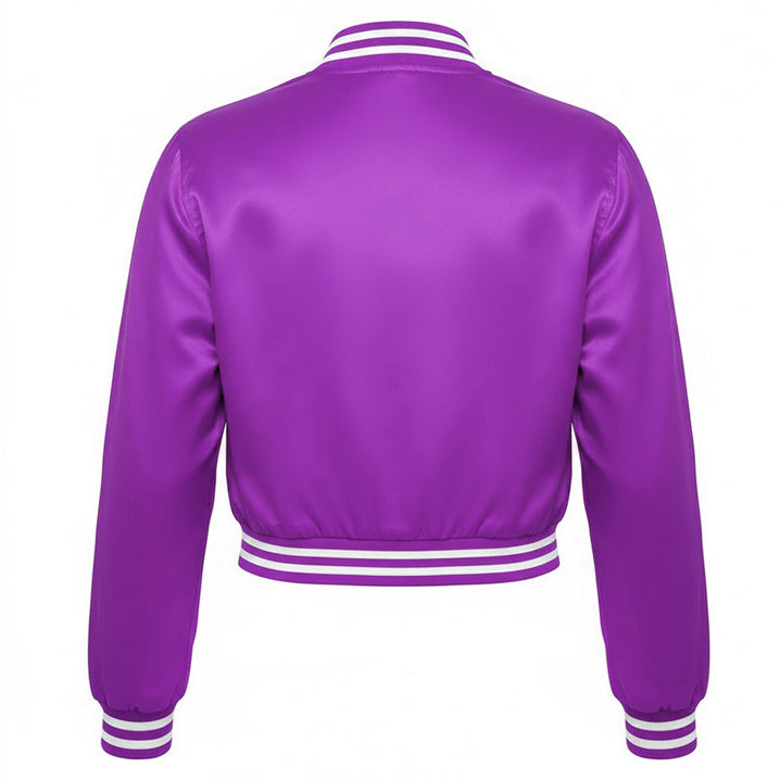 Purple satin bomber jacket with white trim