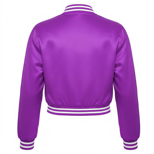 Purple satin bomber jacket with white trim