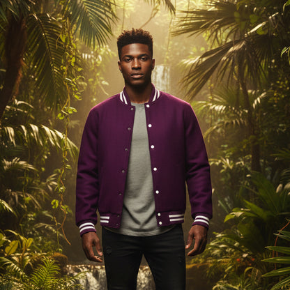 Man wearing a purple varsity jacket in a tropical forest setting