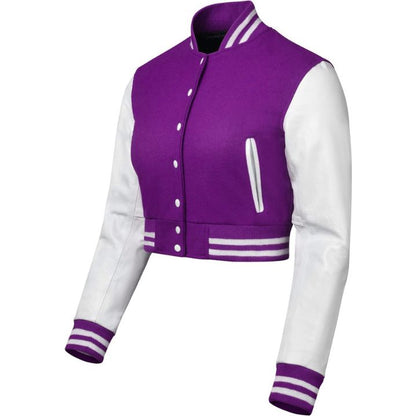Stylish Vintage Women’s Varsity Letterman Baseball Jacket Puprle Wool & White Leather Sleeve