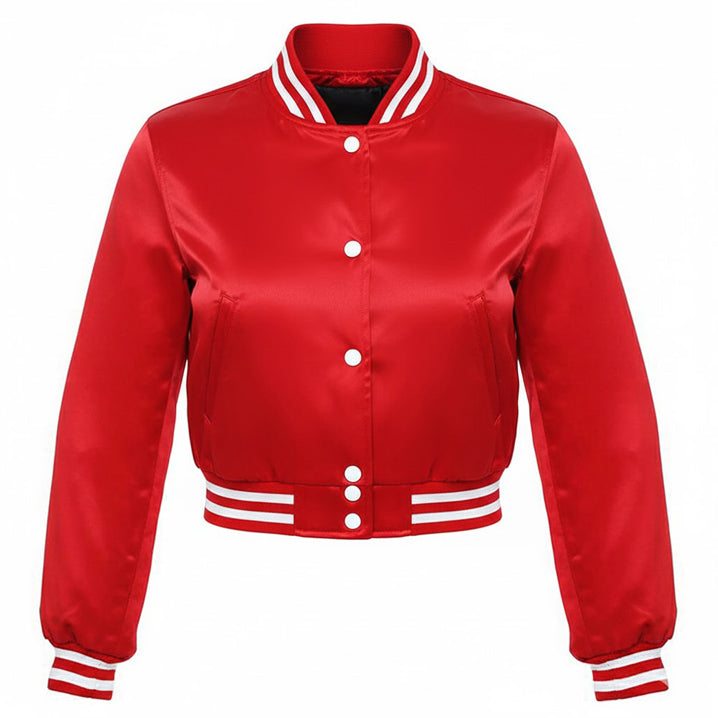 Stylish Vintage Women’s Varsity Letterman Baseball Satin Jacket Red