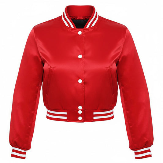 Stylish Vintage Women’s Varsity Letterman Baseball Satin Jacket Red