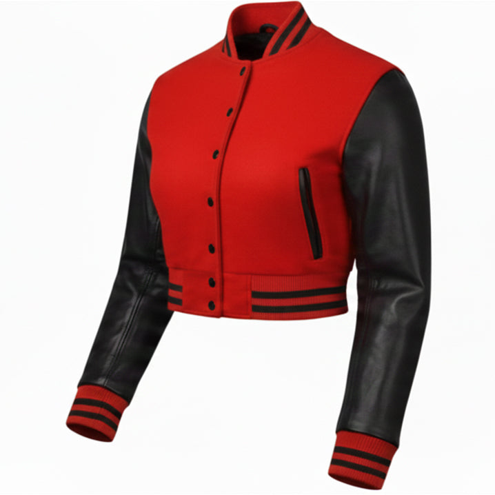 Red and black varsity jacket with leather sleeves Custom