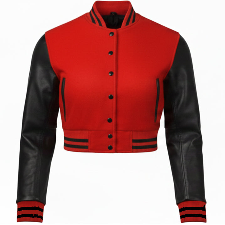 Red and black varsity jacket with leather sleeves Custom for women