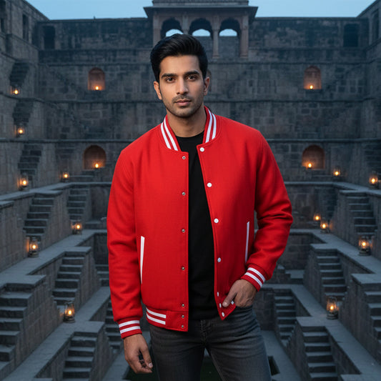 Man wearing a red jacket with white accents standing in front of an ancient stone structure.