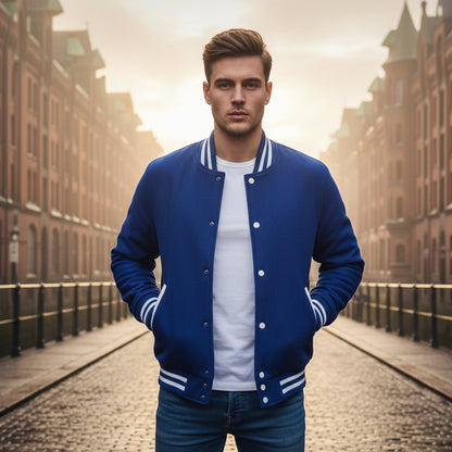 Man wearing a blue varsity jacket standing on a city street