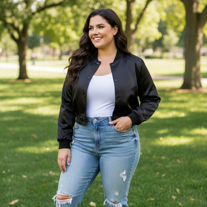 Stylish Vintage Women’s Varsity Letterman Baseball Satin Solid Black Croptop Jacket