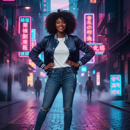 Stylish Vintage Women’s Varsity Letterman Baseball Satin Jacket Navy