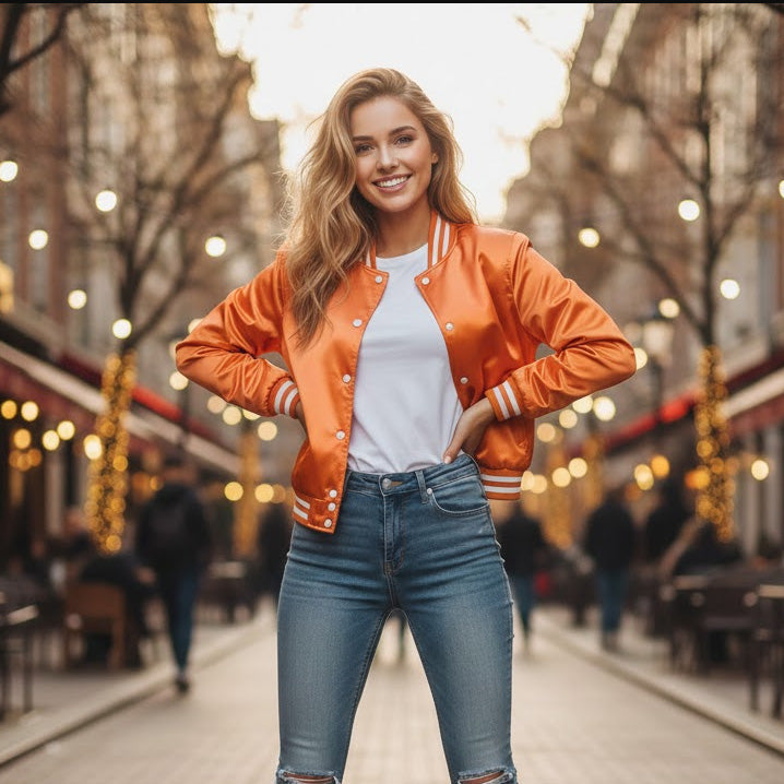 Stylish Vintage Women’s Varsity Letterman Baseball Satin Jacket Orange