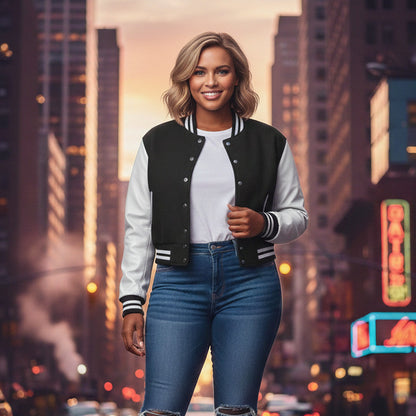 Stylish Vintage Women’s Varsity Letterman Baseball Jacket Black Wool & White Leather Sleeve