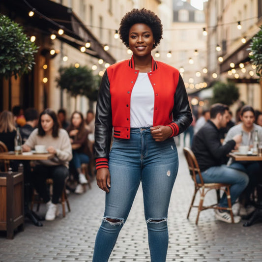 Stylish Vintage Women’s Varsity Letterman Baseball Jacket Red Wool & Black Leather Sleeve