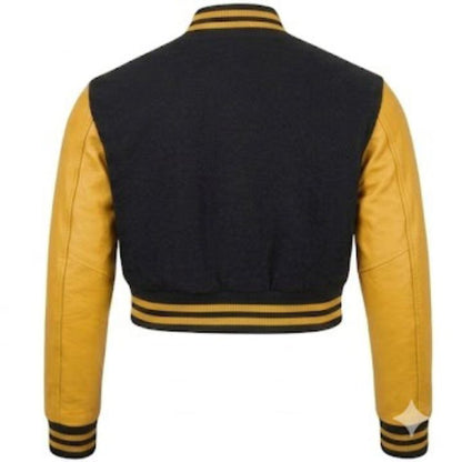 Black and yellow varsity jacket on a white background