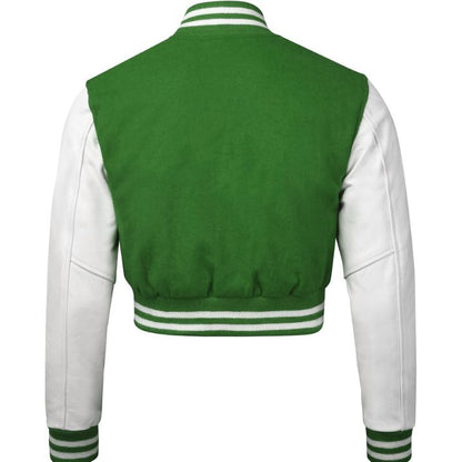 Stylish Vintage Women’s Varsity Letterman Baseball Jacket Green Wool & White Leather Sleeve