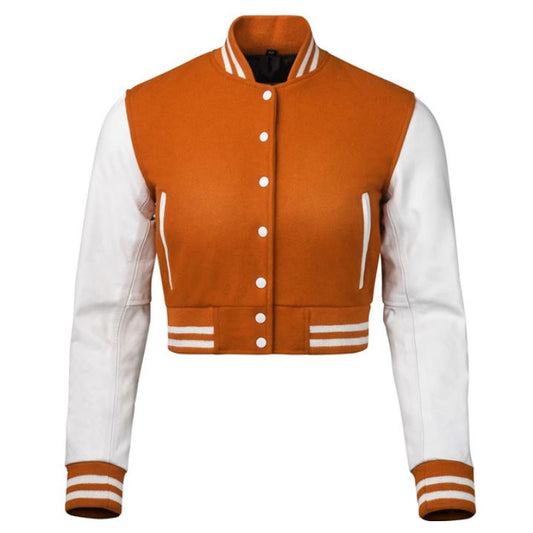 Stylish Vintage Women’s Varsity Letterman Baseball Jacket Orange Wool & White Leather Sleeve