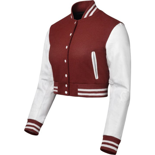 Stylish Vintage Women’s Varsity Letterman Baseball Jacket Maroon Wool & White Leather Sleeve