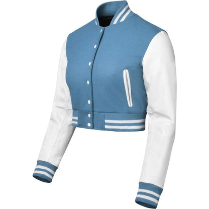 Stylish Vintage Women’s Varsity Letterman Baseball Jacket Sky Wool & White Leather Sleeve