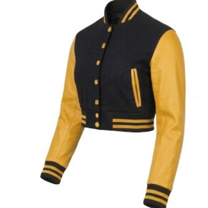 Black and yellow varsity jacket on a white background