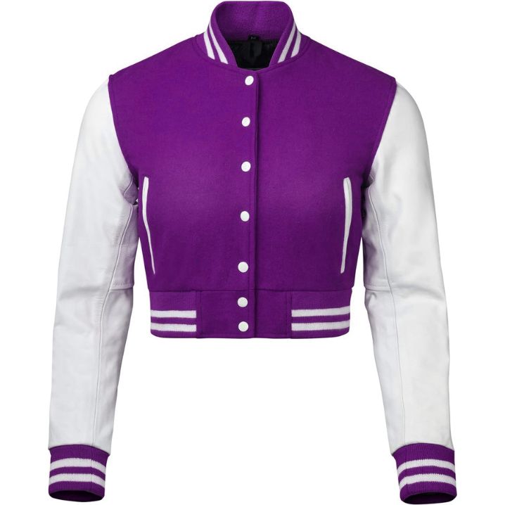 Stylish Vintage Women’s Varsity Letterman Baseball Jacket Puprle Wool & White Leather Sleeve