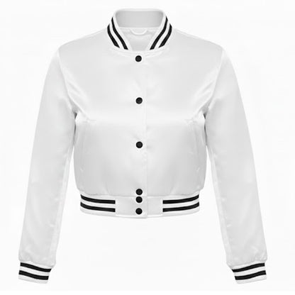 Stylish Vintage Women’s Varsity Letterman Baseball Satin Jacket White