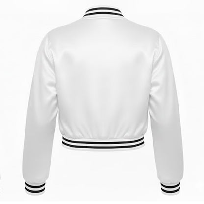 Stylish Vintage Women’s Varsity Letterman Baseball Satin Jacket White
