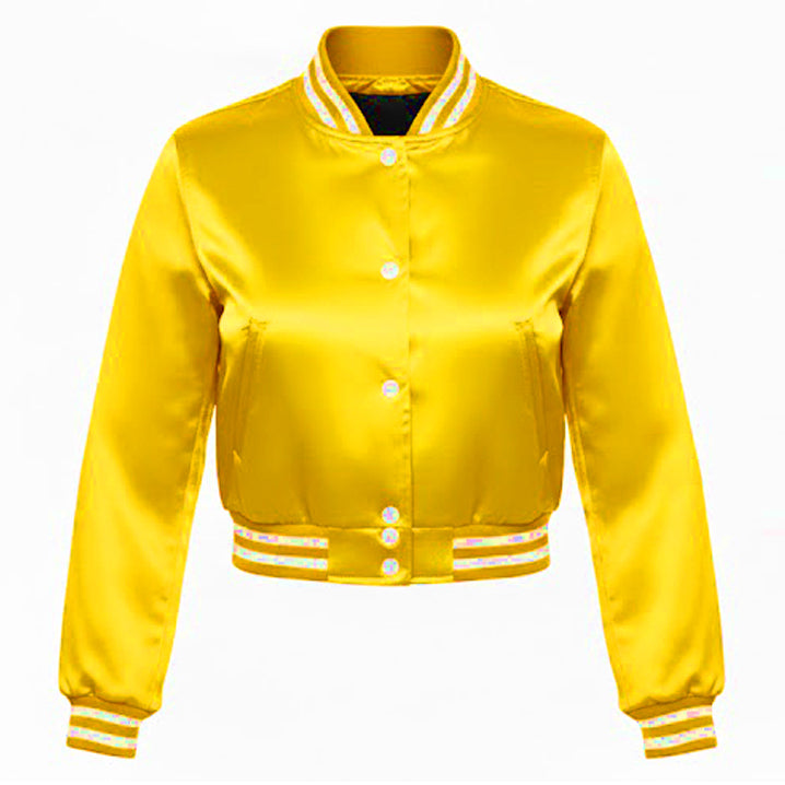 Yellow varsity jacket with white accents on a white background