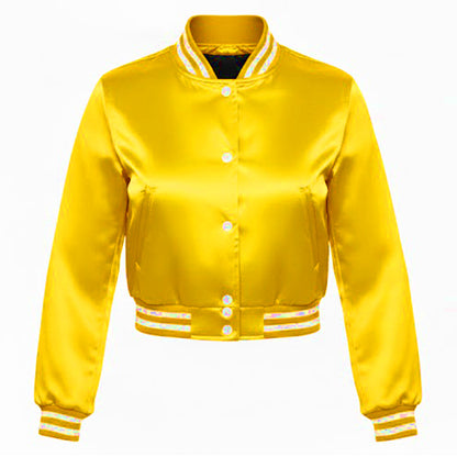 Yellow varsity jacket with white accents on a white background