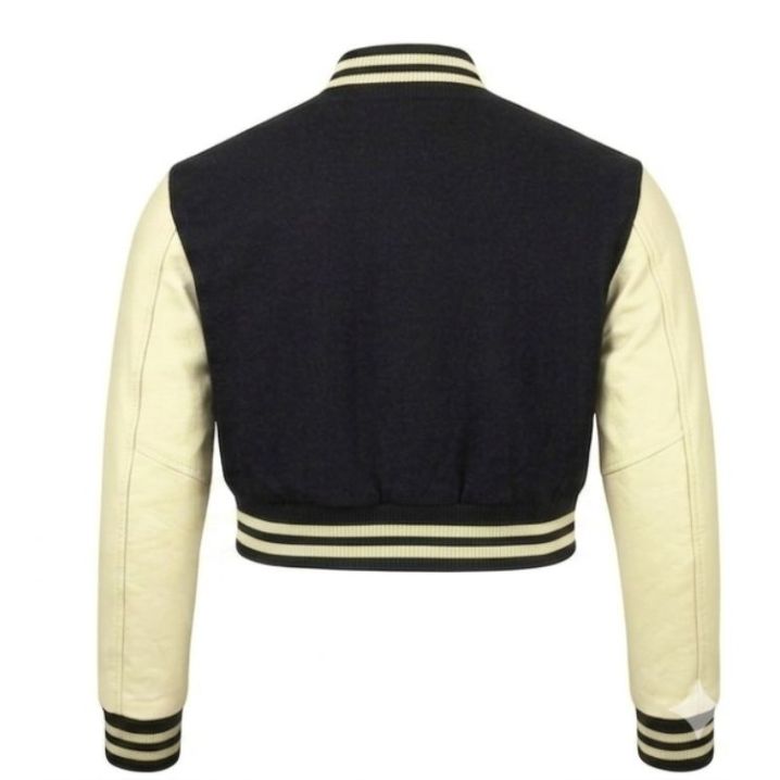 Stylish Vintage Women’s Varsity Letterman Baseball Jacket Black Wool & Cream Leather Sleeve