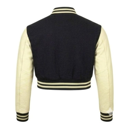 Stylish Vintage Women’s Varsity Letterman Baseball Jacket Black Wool & Cream Leather Sleeve
