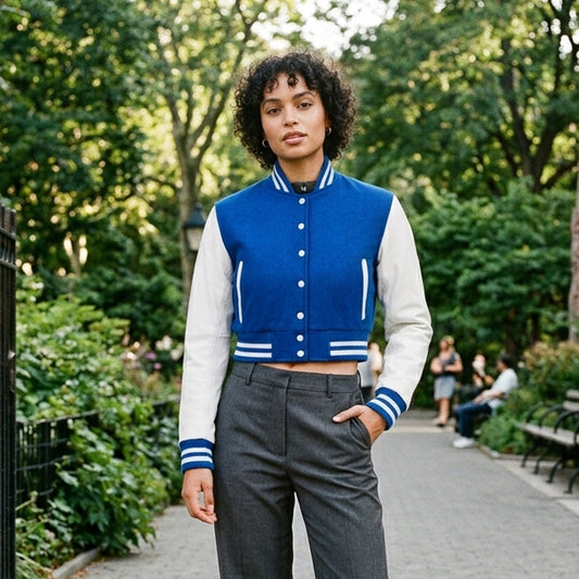 Stylish Vintage Women’s Varsity Letterman Baseball Jacket Royal Wool & White Leather Sleeve