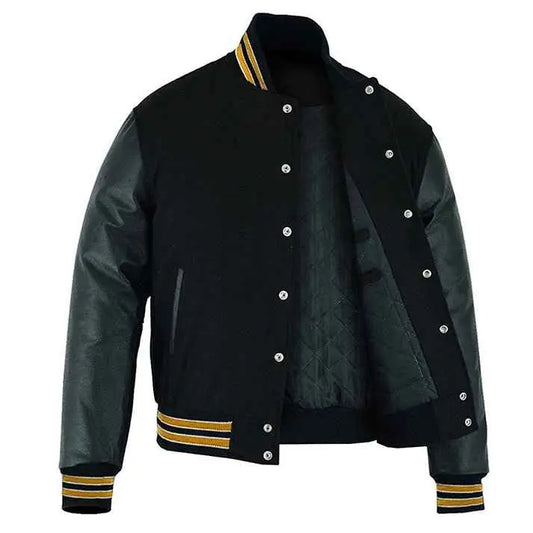Premium Varsity Lettermen Baseball Jacket Solid Black Wool & Gold Trims