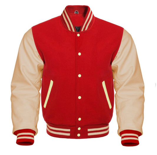 Classic Baseball Varsity Jacket in Red Cream