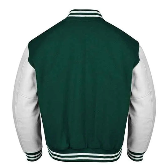 Premium Varsity Lettermen Baseball Jacket Forest Green Wool Body & White Leather Sleeves
