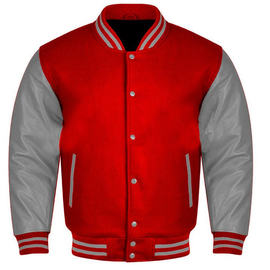 Classic Baseball Varsity Jacket in Red Gray